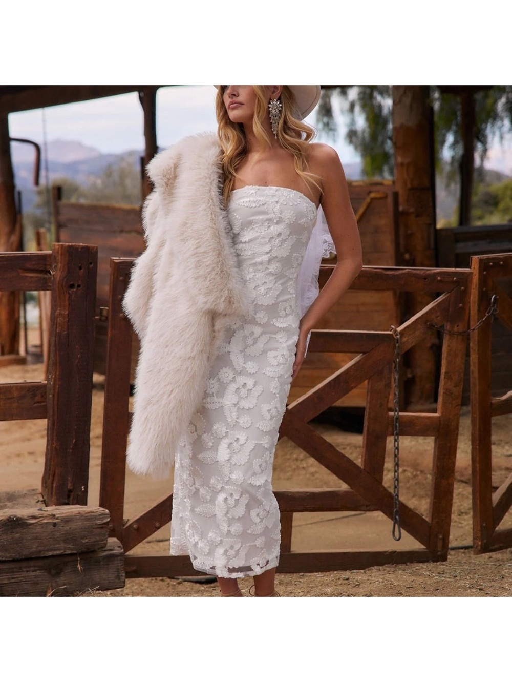 Strapless White Lace Midi Dress - Elegant Floral Cocktail Dress